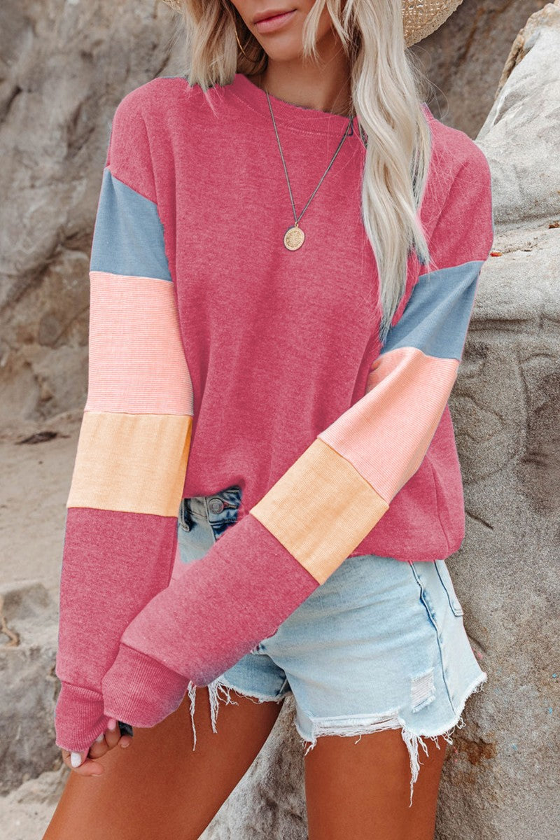 Color Block Round Neck Long Sleeve Sweatshirt