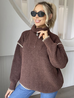 Quarter Zip Contrast Dropped Shoulder Sweater