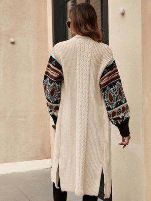 Slit Open Front Long Sleeve Longline Cardigan