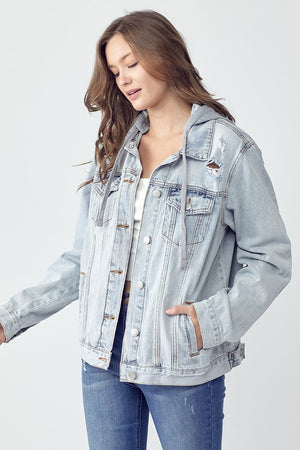 RISEN Full Size Distressed Drawstring Hooded Denim Jacket