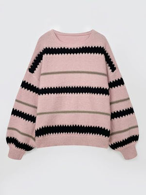 Contrast Striped Round Neck Long Sleeve Sweater