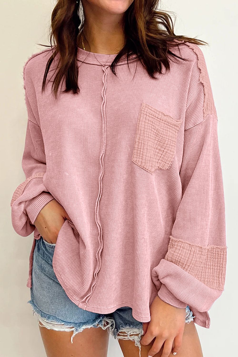 Exposed Seam Round Neck Long Sleeve Sweatshirt