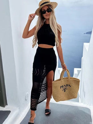 Round Neck Top and Slit Skirt Cover Up Set