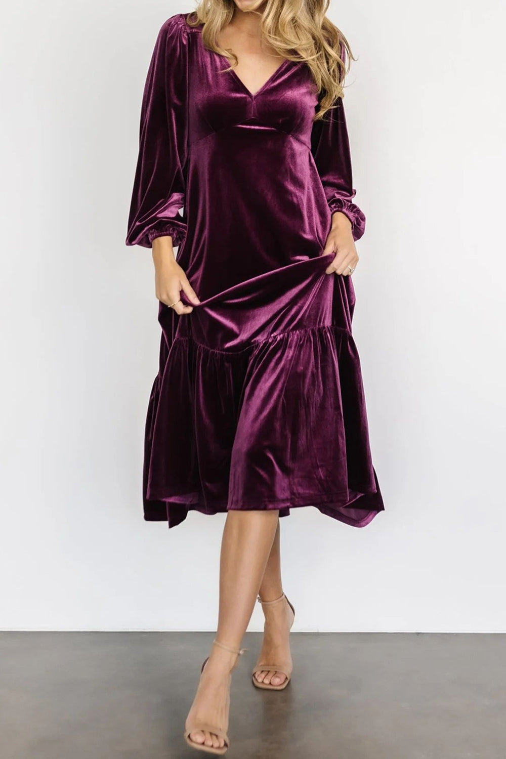 V-Neck Long Sleeve Midi Velvet Dress