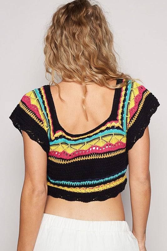 POL Openwork Ethnic Pattern Square Neck Cropped Knit Top