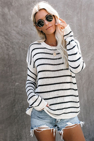 Striped Round Neck Drop Shoulder Sweater