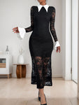 Perfee Lace Contrast Collared Neck Long Sleeve Midi Dress