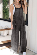 Frayed Exposed Seam Wide Leg Denim Overalls