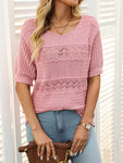 Openwork Round Neck Half Sleeve Knit Top