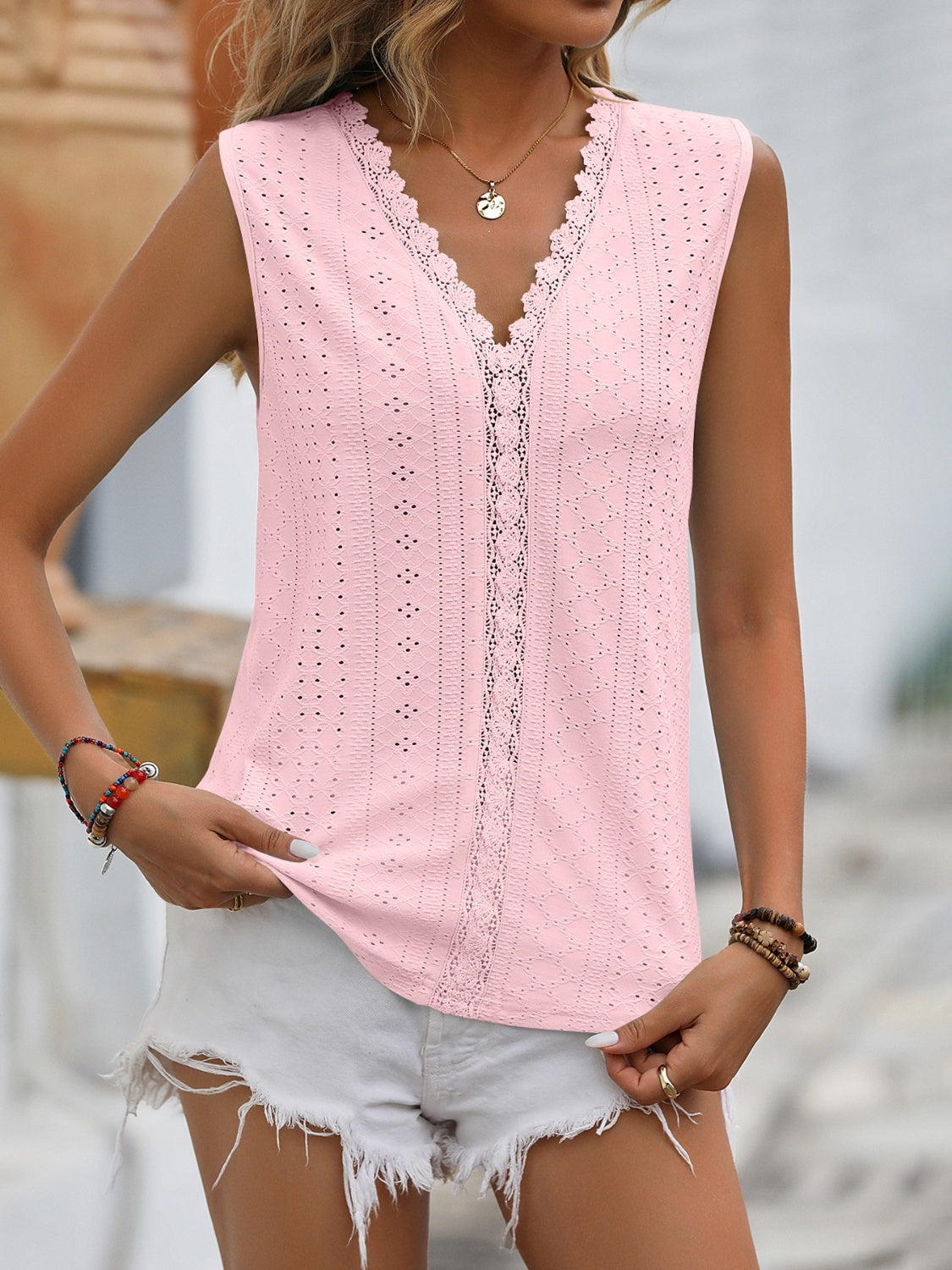 Mandy Lace Detail Eyelet V-Neck Tank