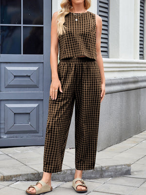 Lovelet Plaid Round Neck Sleeveless Top and Pants Set