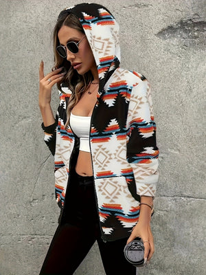 Geometric Zip Up Hooded Sherpa Jacket