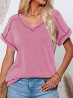 Exposed Seam V-Neck Short Sleeve Top