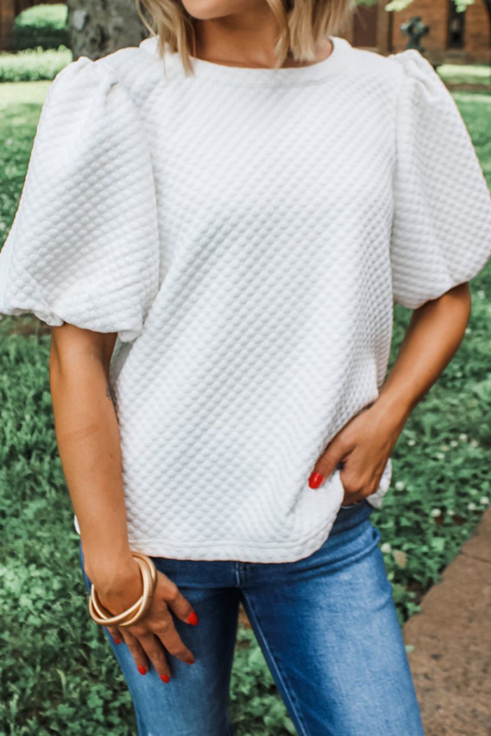 Textured Round Neck Puff Sleeve Blouse