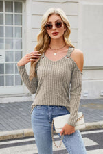 Ribbed Cold Shoulder Long Sleeve Top