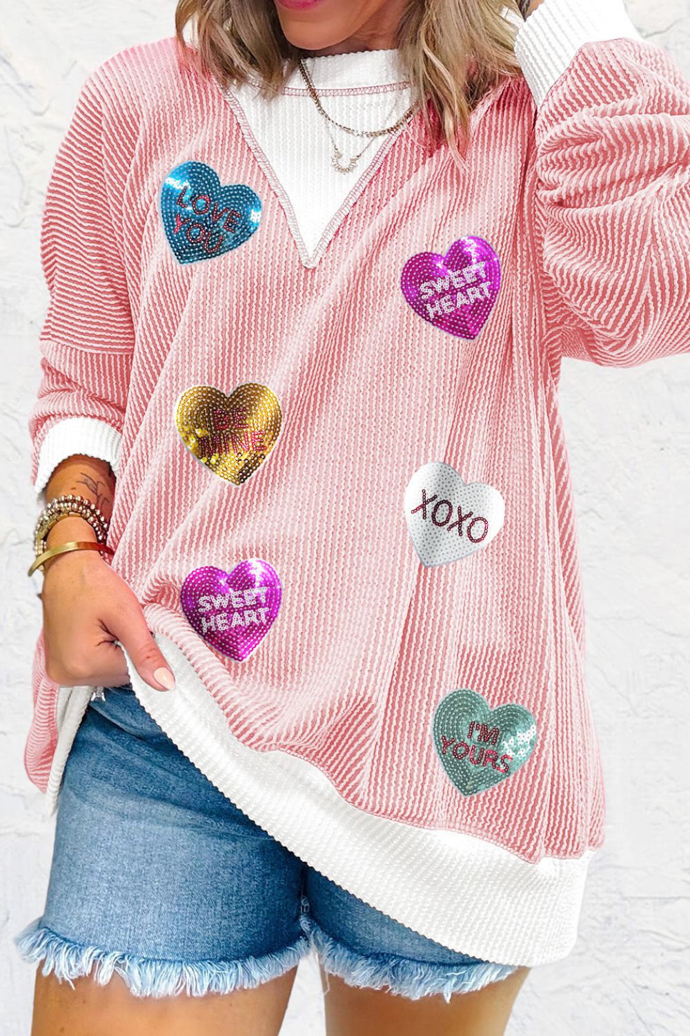 Valentine’s Day Sequin Heart Long Sleeve Sweatshirt