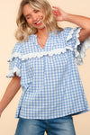 Haptics Full Size Plaid Scallop Hem Notched Short Sleeve Blouse