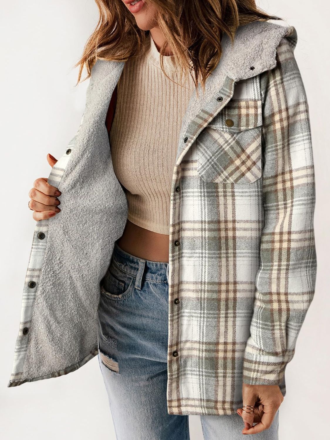 Plaid Snap Down Plush Hooded Jacket