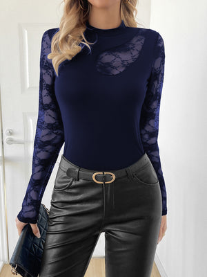 Lace Patchwork Mock Neck Long Sleeve Top