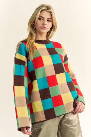 Davi & Dani Color Block Checkered Dropped Shoulder Sweater