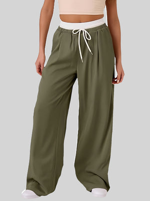 Contrast Waistband Drawstring Wide Leg Pants