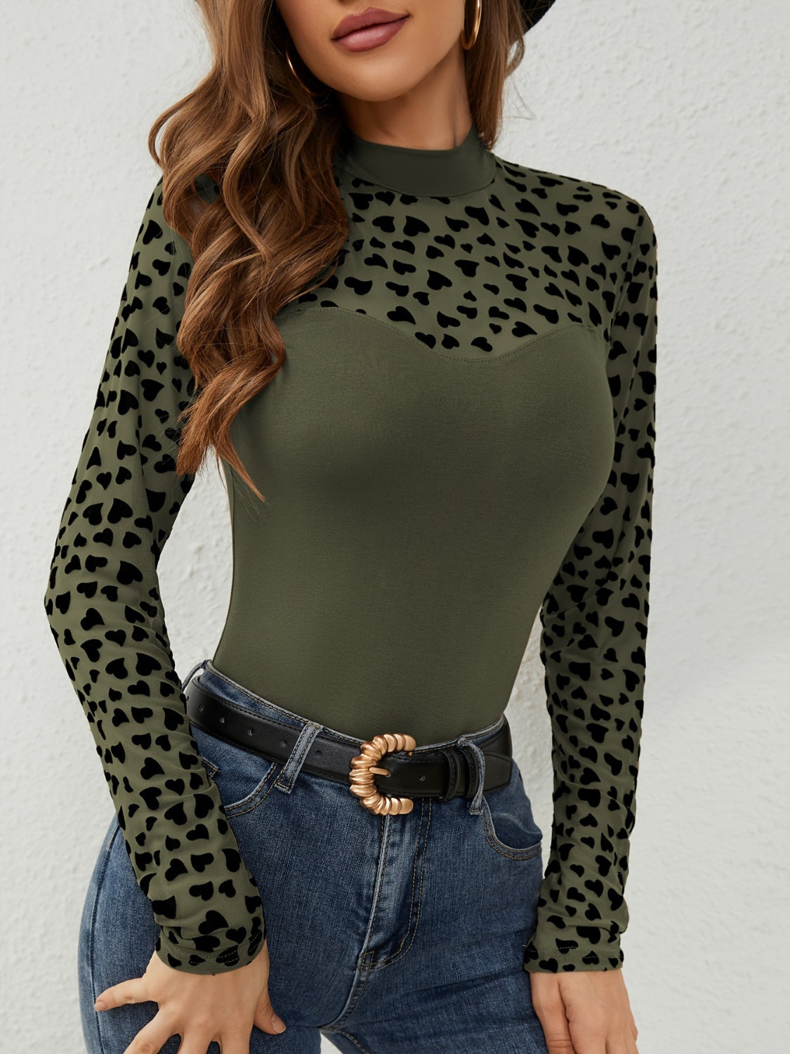 Heart Mock Neck Long Sleeve T-Shirt