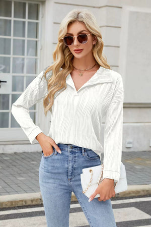 Texture Collared Neck Long Sleeve Blouse