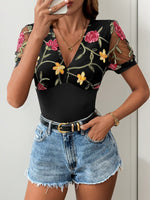 Perfee Embroidered V-Neck Floral Bodysuit