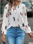 Feather Print Notched Balloon Sleeve Top