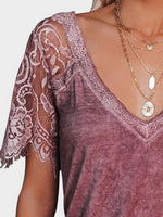 Lace Patchwork V-Neck Short Sleeve T-Shirt