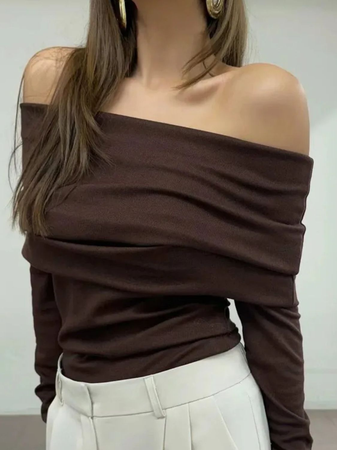 Off-Shoulder Long Sleeve Knit Top