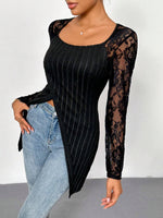 Square Neck Lace Patchwork Long Sleeve T-Shirt