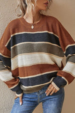 Contrast Striped Round Neck Long Sleeve Sweater