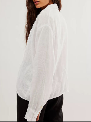 Frill Ruched Collared Neck Long Sleeve Shirt