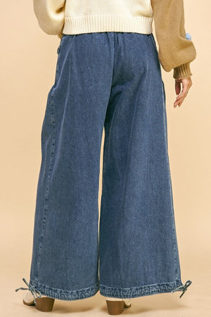 Davi & Dani Drawstring Hem Wide Leg Mid Rise Jeans