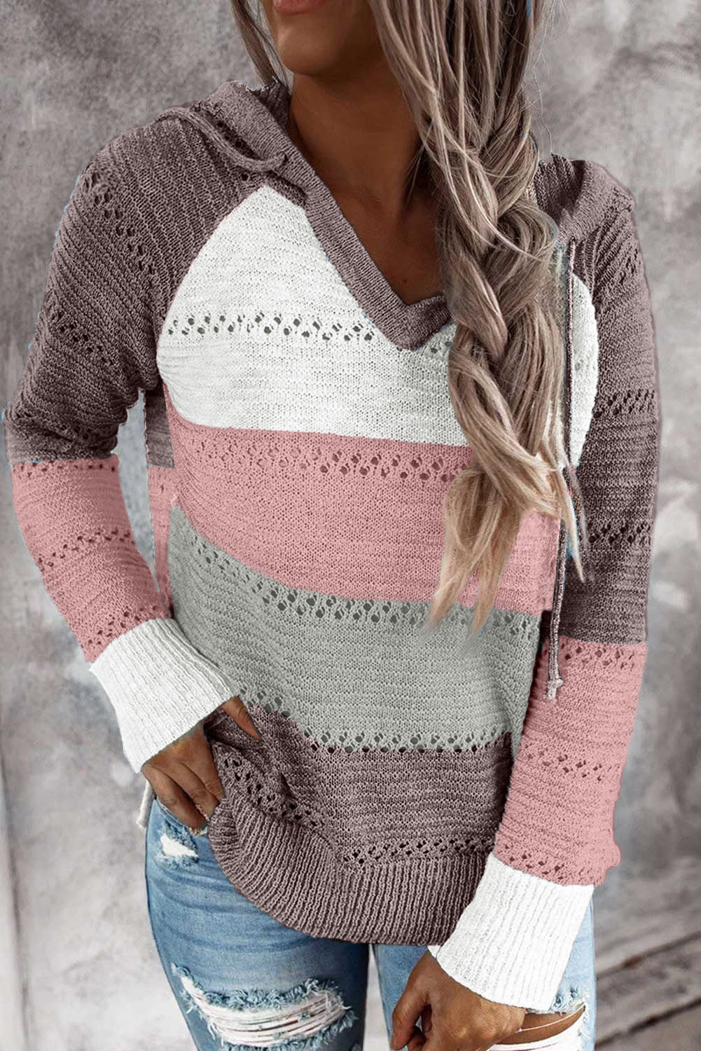 Color Striped Knitted Hoodie