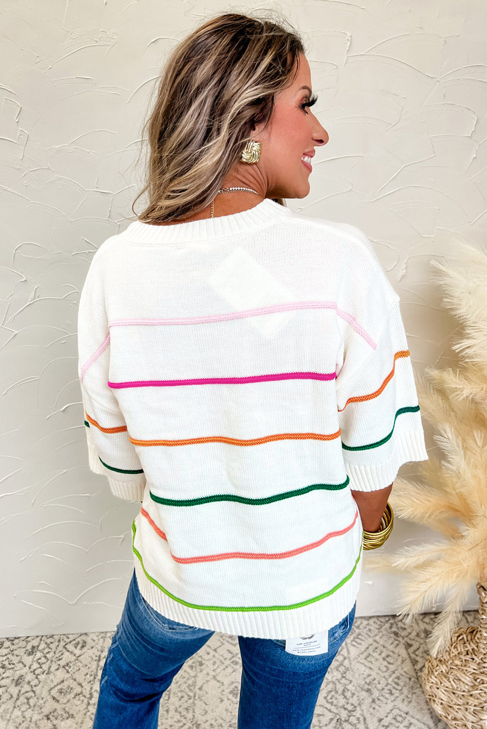 Striped Half Sleeve Drop Shoulder Sweater