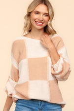 Haptics Full Size Checkered Round Neck Drop Shoulder Sweater