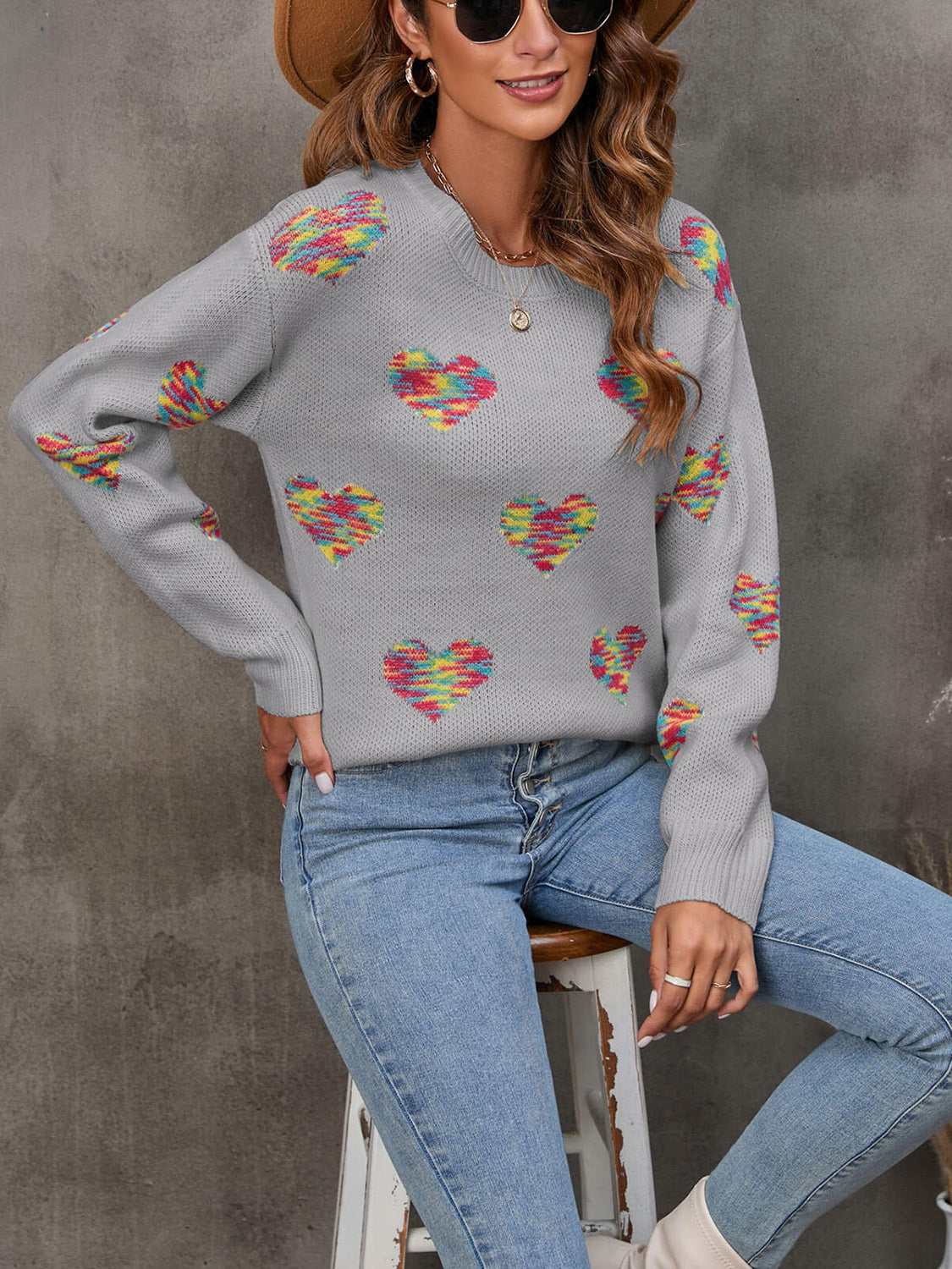 Heart Round Neck Ribbed Trim Sweater