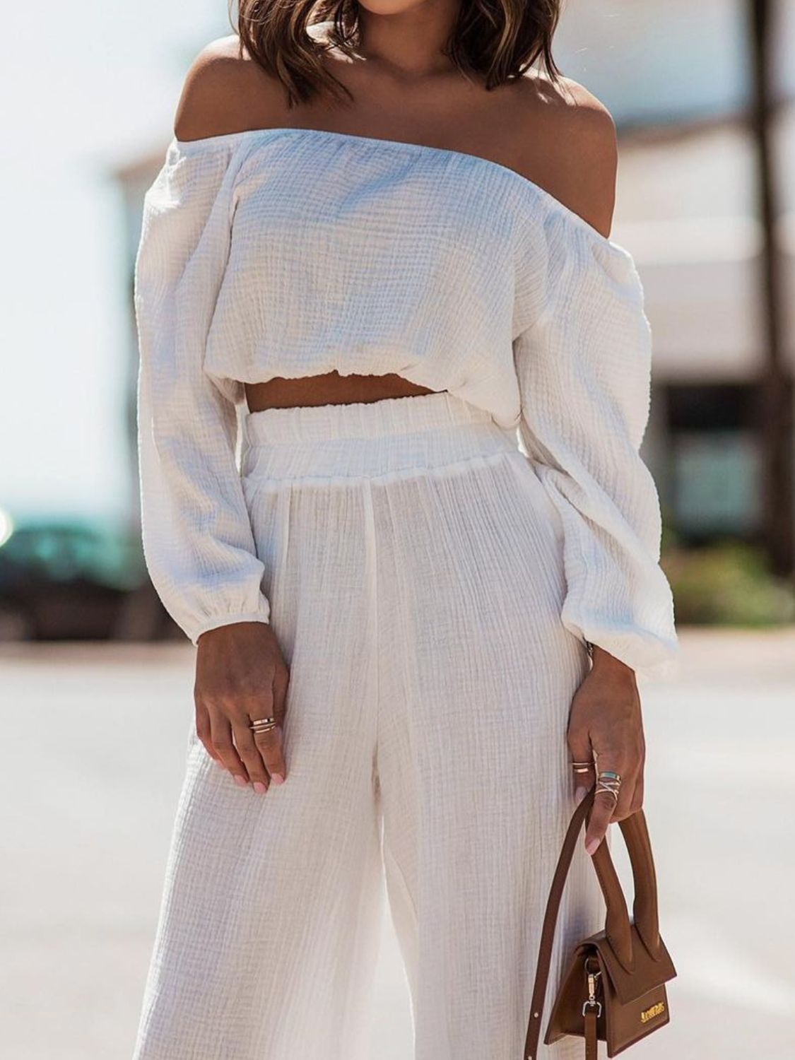 Off Shoulder Long Sleeve Top and Pants Set