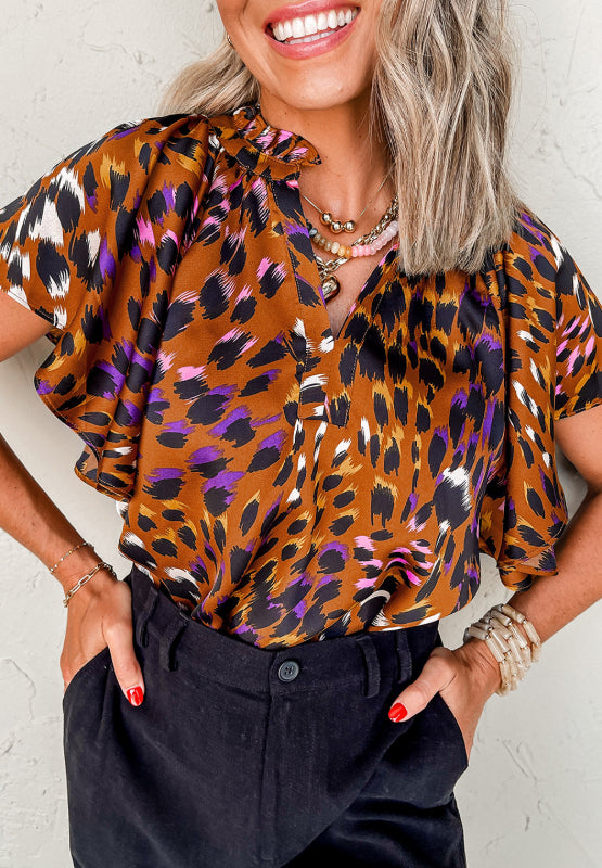 Leopard Notched Short Sleeve Blouse