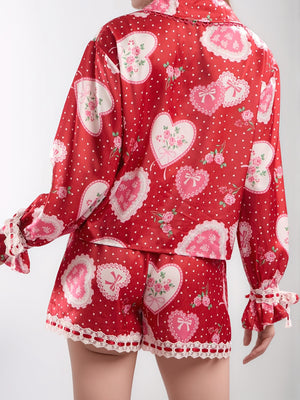 Valentine’s Day Lace Detail Heart Print Collared Neck Top and Shorts Lounge Set