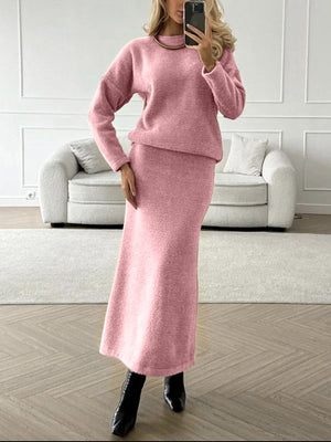 Round Neck Dropped Shoulder Top and Midi Skirt Sweater Set