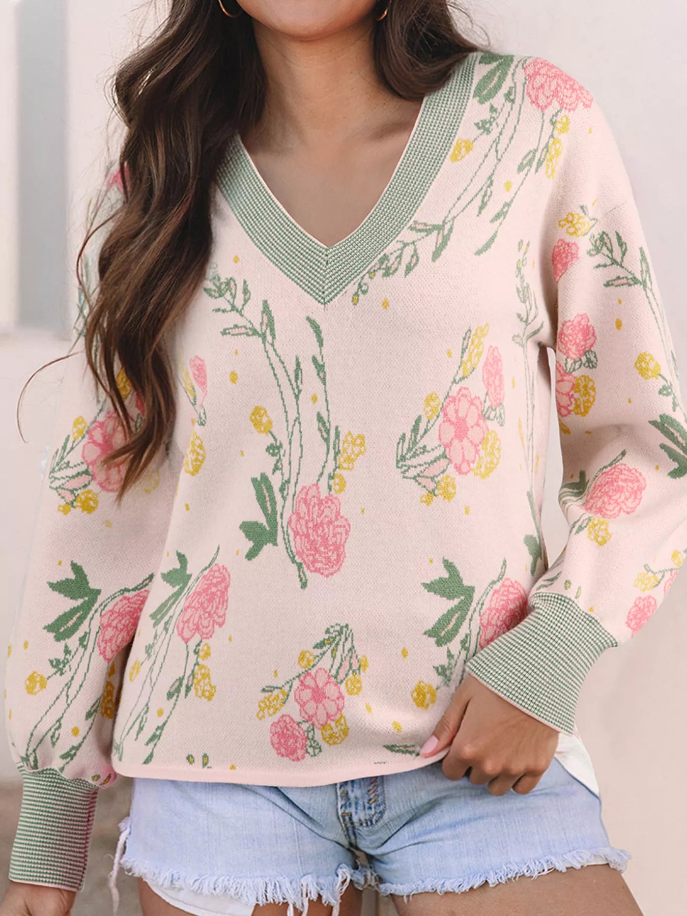 Floral Pattern Striped V Neck Loose Sweater