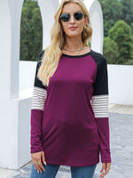 Contrast Striped Round Neck Long Sleeve T-Shirt