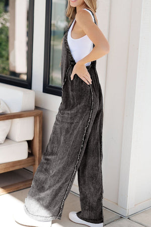 Frayed Exposed Seam Wide Leg Denim Overalls