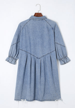 Distressed Collared Neck Flounce Sleeve Denim Dress