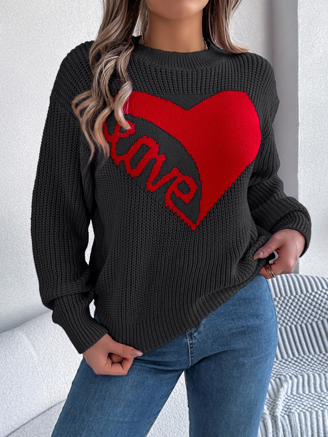 LOVE Heart Round Neck Dropped Shoulder Sweater