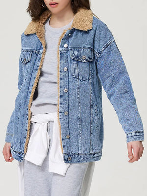 Button Up Collared Neck Plush Denim Jacket