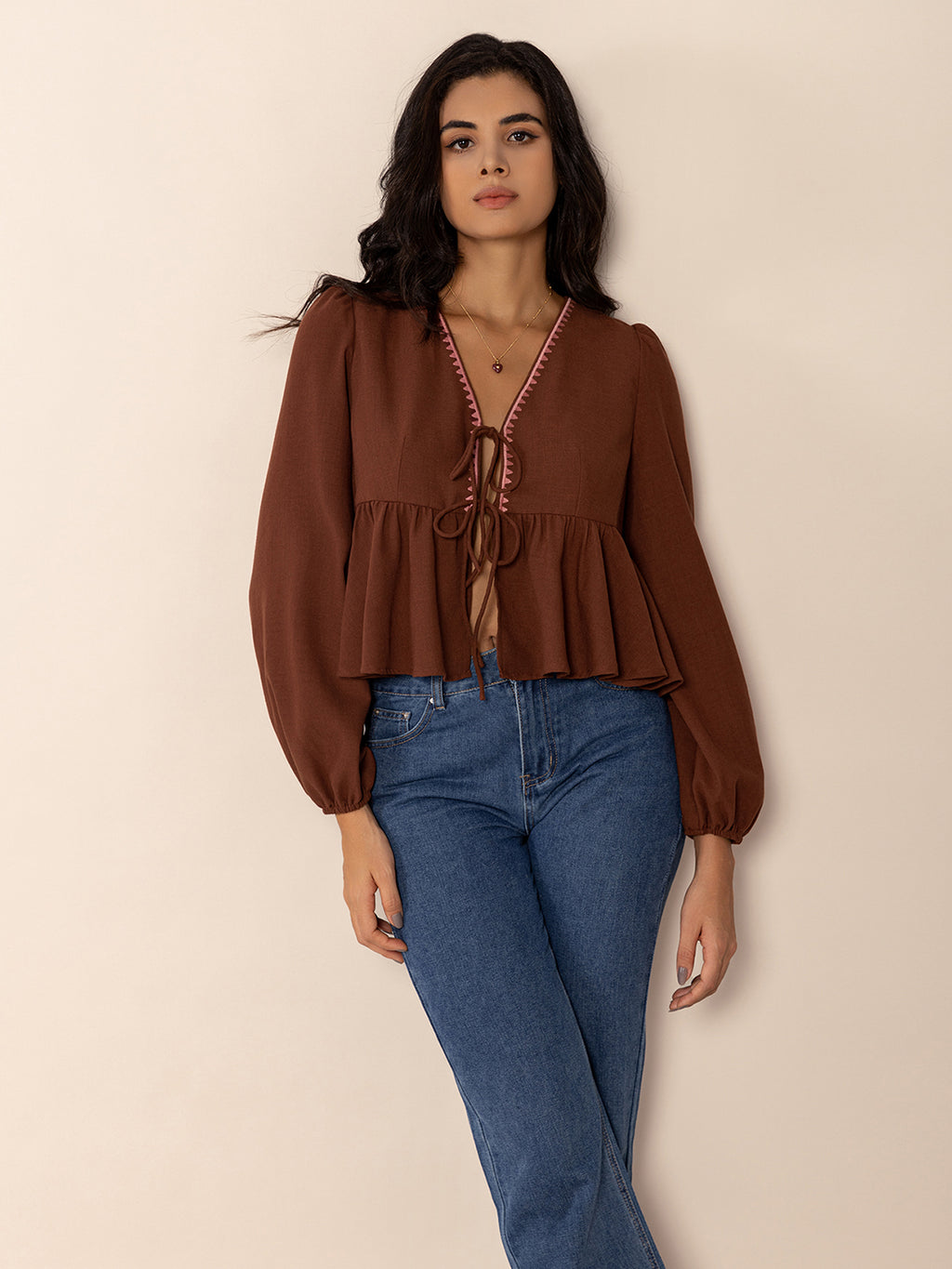 Peplum Tied V-Neck Long Sleeve Blouse